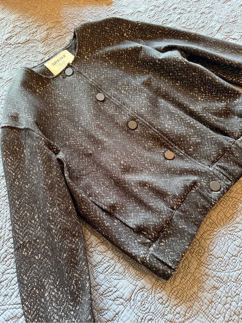SPANX Black Speckled Collarless Button Jacket